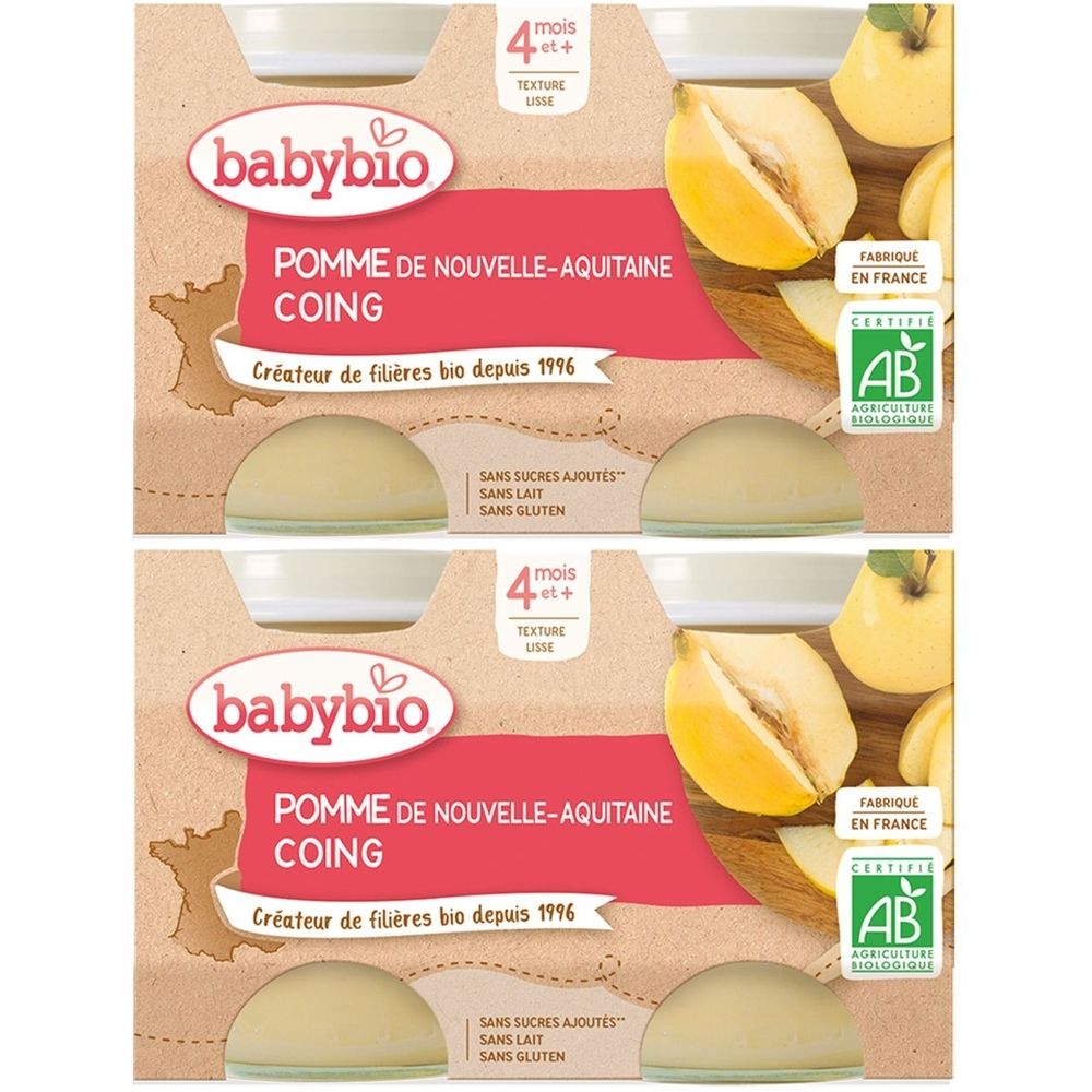 Verpackung mit Babybio-Produkt. Aufschrift: POMME DE NOUVELLE-AQUITAINE COING. Bio-Zertifizierung AB. Ab 4 Monaten.