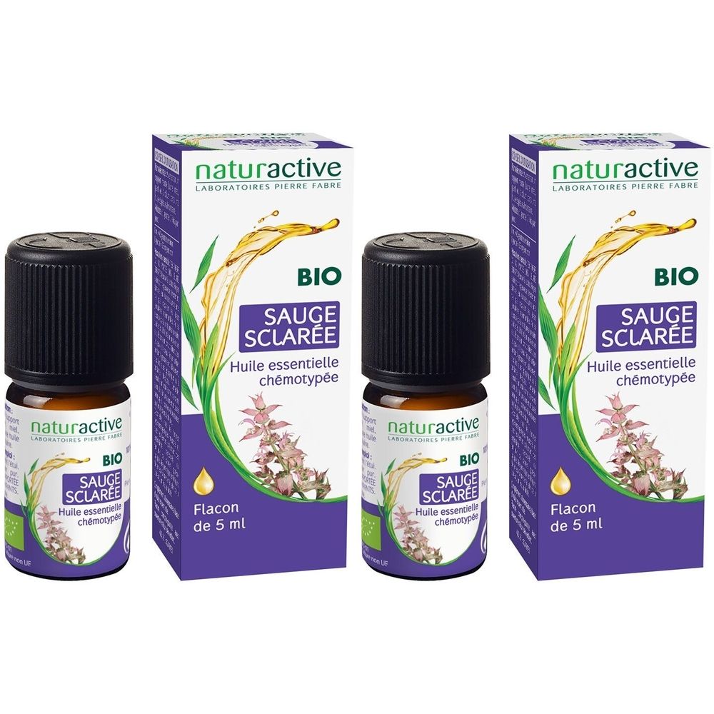 Drei Fläschchen und Verpackungen. Aufschrift: naturactive, BIO, Sauge Sclarée, Huile essentielle chémotypée. Flacon de 5 ml.