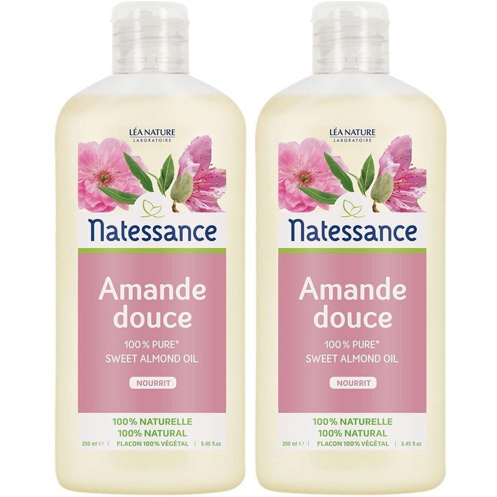 Deux flacons d'huile d'amande douce Natessance. Inscription : Amande douce, 100% Pure, Sweet Almond Oil. Design floral.