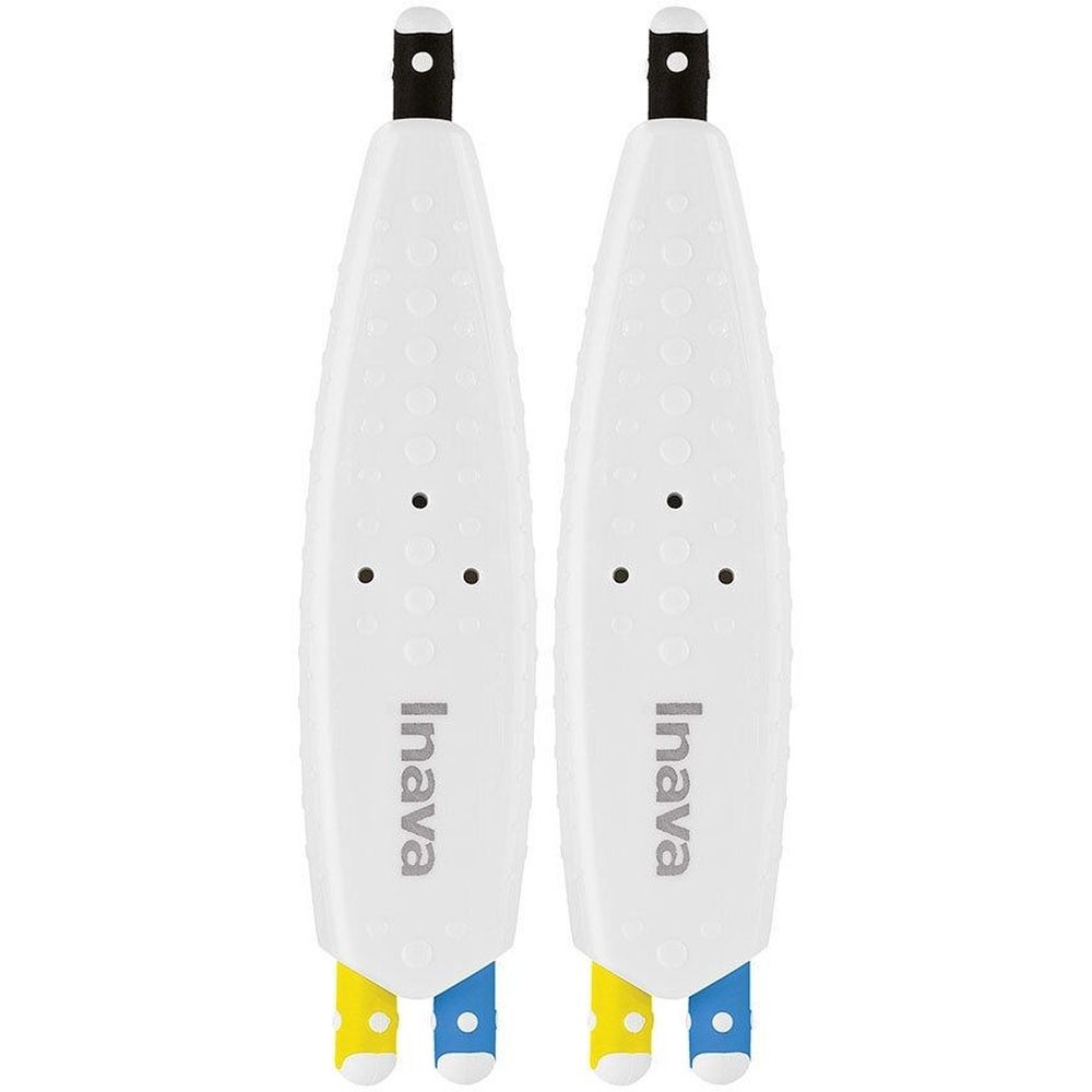 Deux brossettes interdentaires blanches, allongées, avec des brins jaunes et bleus. Le mot "Inava" est imprimé.