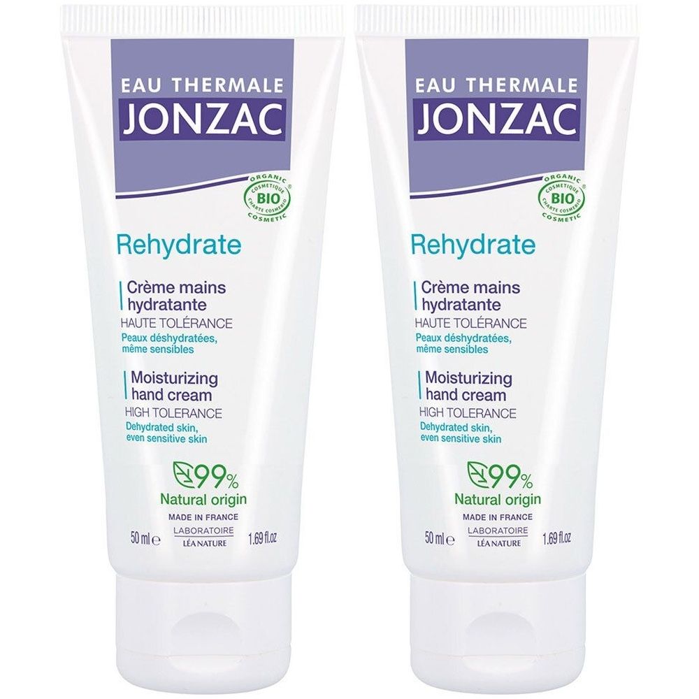 Zwei Tuben Handcreme. Aufschrift: Jonzac, Rehydrate, Bio. Enthält 99% natürlichen Ursprungs. Hergestellt in Frankreich.