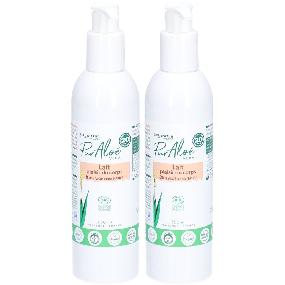 Zwei weiße Pumpflaschen Pur Aloé Bio-Körperlotion mit 85% Aloe Vera. 250 ml.
