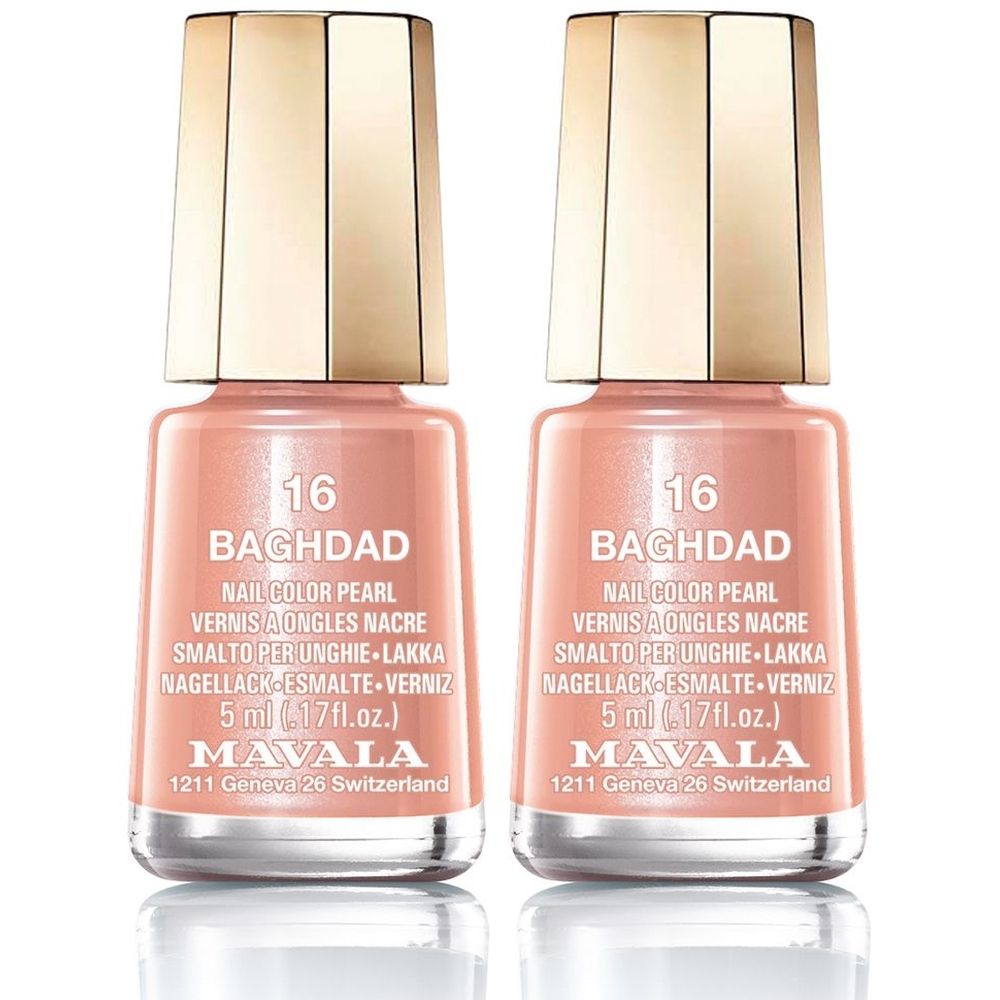 Zwei Flakons Nagellack. Farbton 16 Baghdad. Goldfarbener Deckel. Aufschrift: Mavala, Nail Color Pearl, 5 ml.