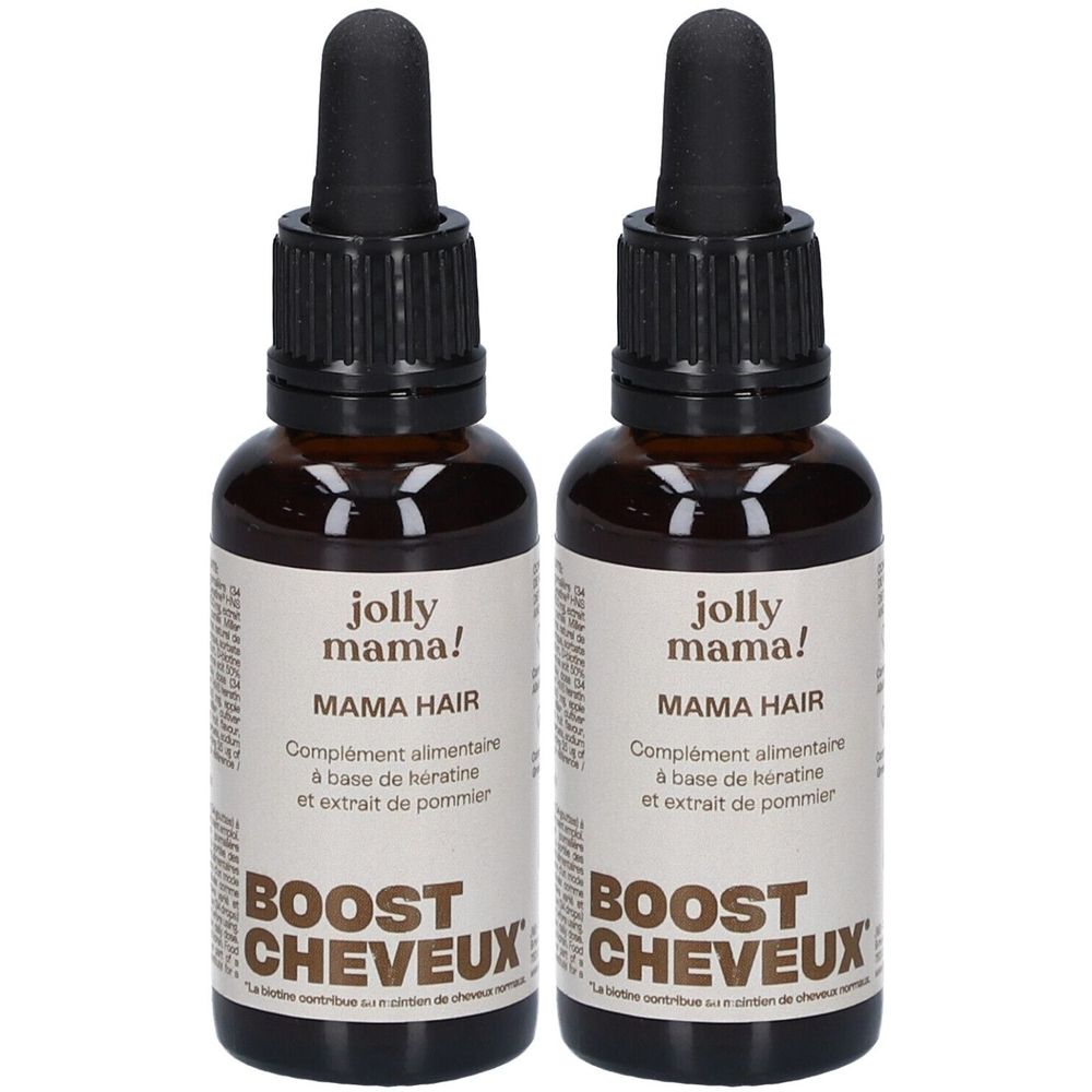 Zwei braune Flaschen mit schwarzen Pipetten. Auf den Etiketten steht "jolly mama! MAMA HAIR" und "BOOST CHEVEUX".