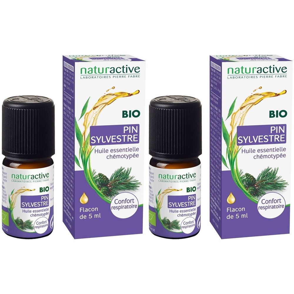 Drei Flakons und Verpackungen. Aufschrift: naturactive BIO Pin Sylvestre, Huile essentielle chémotypée. Flakon de 5 ml. Confort respiratoire.