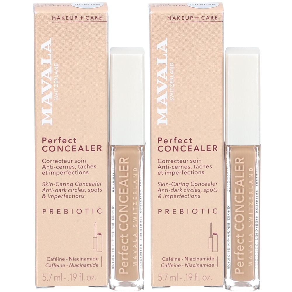 Zwei Mavala Perfect Concealer Intense Produkte mit Verpackung. Aufschrift: Perfect Concealer, Anti-Augenringe, Prebiotic. 5,7 ml.