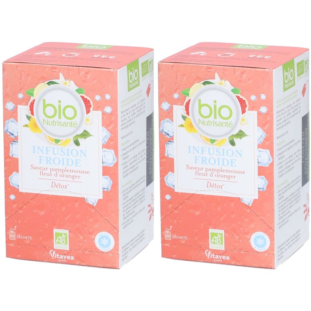 Zwei Kartons mit Aufdrucken. Aufschrift: bio, Infusion Froide, Detox. AB-Siegel. Pamplemousse & Fleur d'oranger.