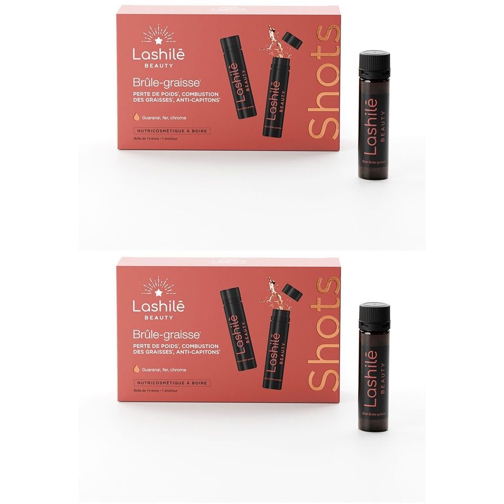 Deux boîtes de Shots. Inscription: Lashilé Beauty, Brûle-graisse. Une bouteille seule avec bouchon noir.