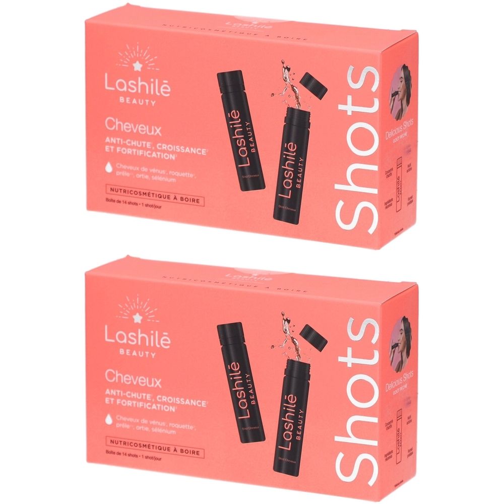 Zwei rosa Schachteln mit schwarzen Shots. Aufschrift: Lashilé Beauty, Cheveux, Anti-Chute, Croissance et Fortification.