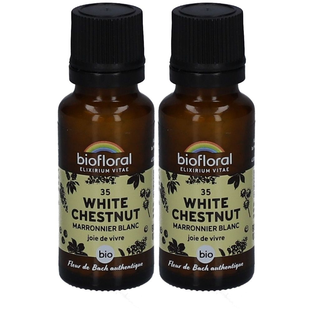 Deux flacons en verre brun avec bouchons noirs. Étiquettes : "biofloral", "35 White Chestnut", "Fleur de Bach authentique".