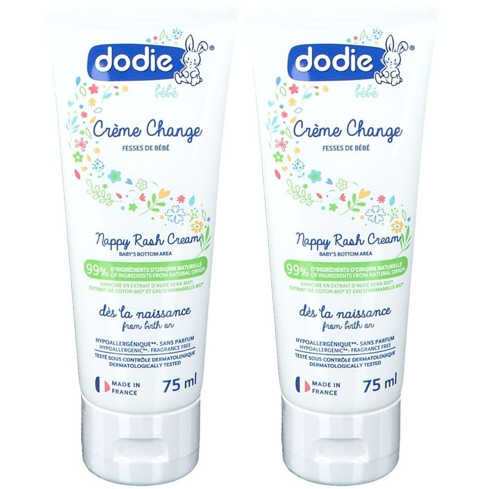 Zwei Tuben Dodie Bébé Crème change. Weiße Tuben mit bunten Verzierungen und Produktinformationen. 75 ml.