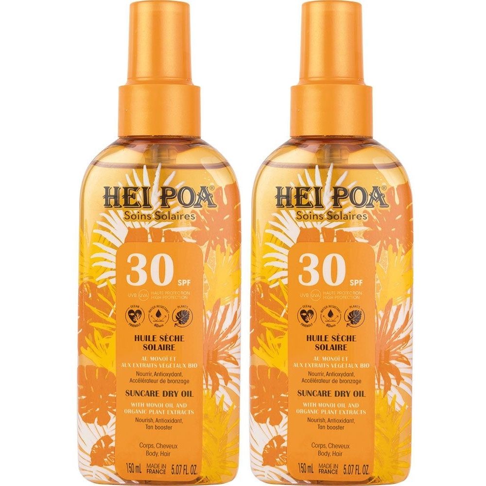 Zwei Sprühflaschen mit Sonnenöl. Aufschrift: HEI POA, Soins Solaires, SPF 30. Gelbe und orangefarbene Verpackung.