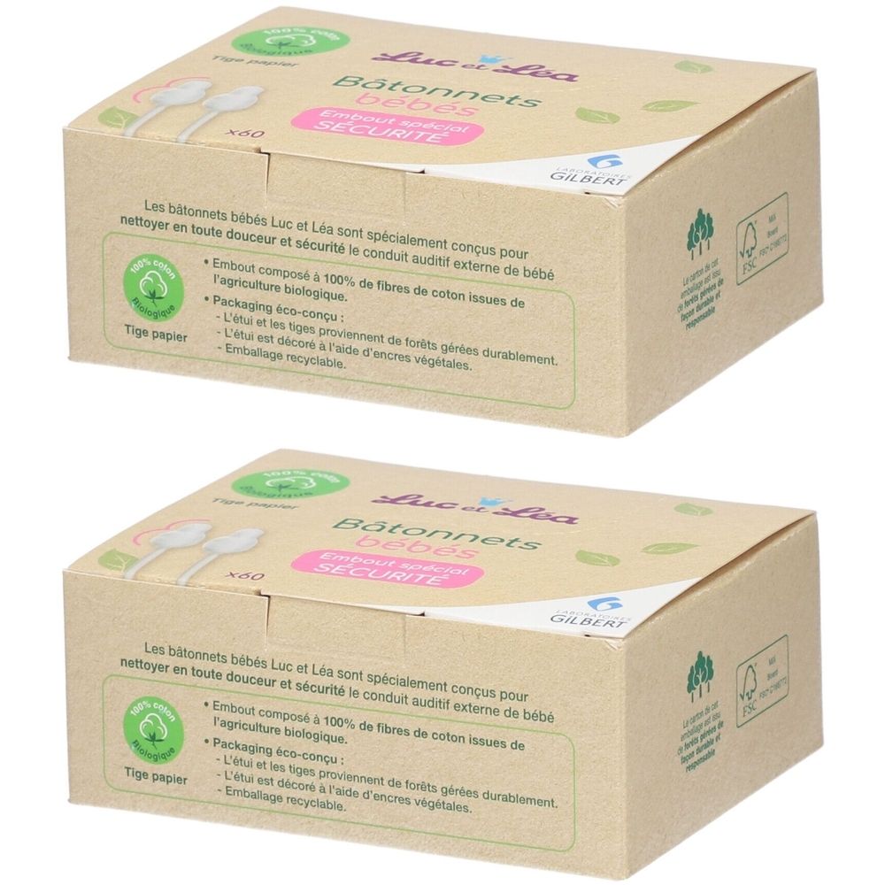 Zwei Kartons mit Baby-Wattestäbchen. Aufschrift: Luc et Léa Bâtonnets Bébés. Verpackung aus braunem Karton.
