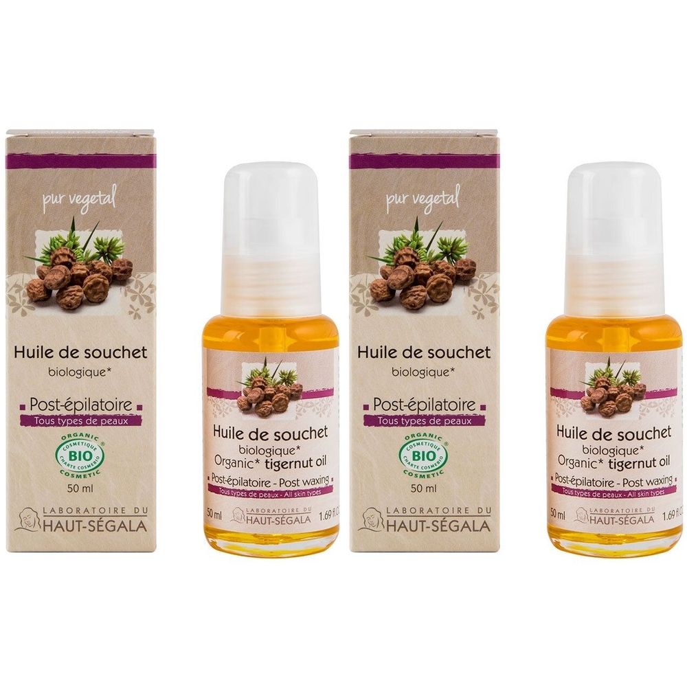 Drei Flaschen und Verpackungen. Aufschrift: Huile de souchet biologique, Post-épilatoire, BIO-Zertifizierung. Flaschen mit Roll-on-Applikator.