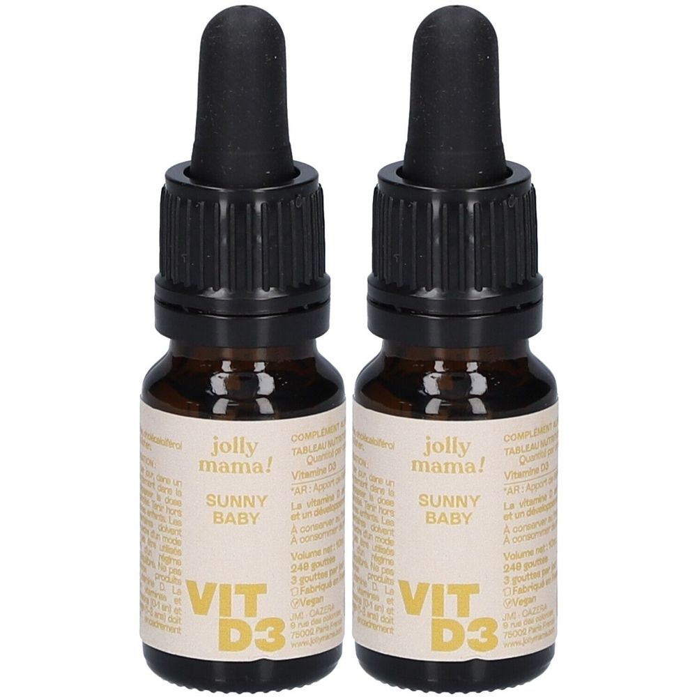 Zwei Flaschen mit schwarzen Pipetten. Auf den Etiketten steht "jolly mama! SUNNY BABY VIT D3".