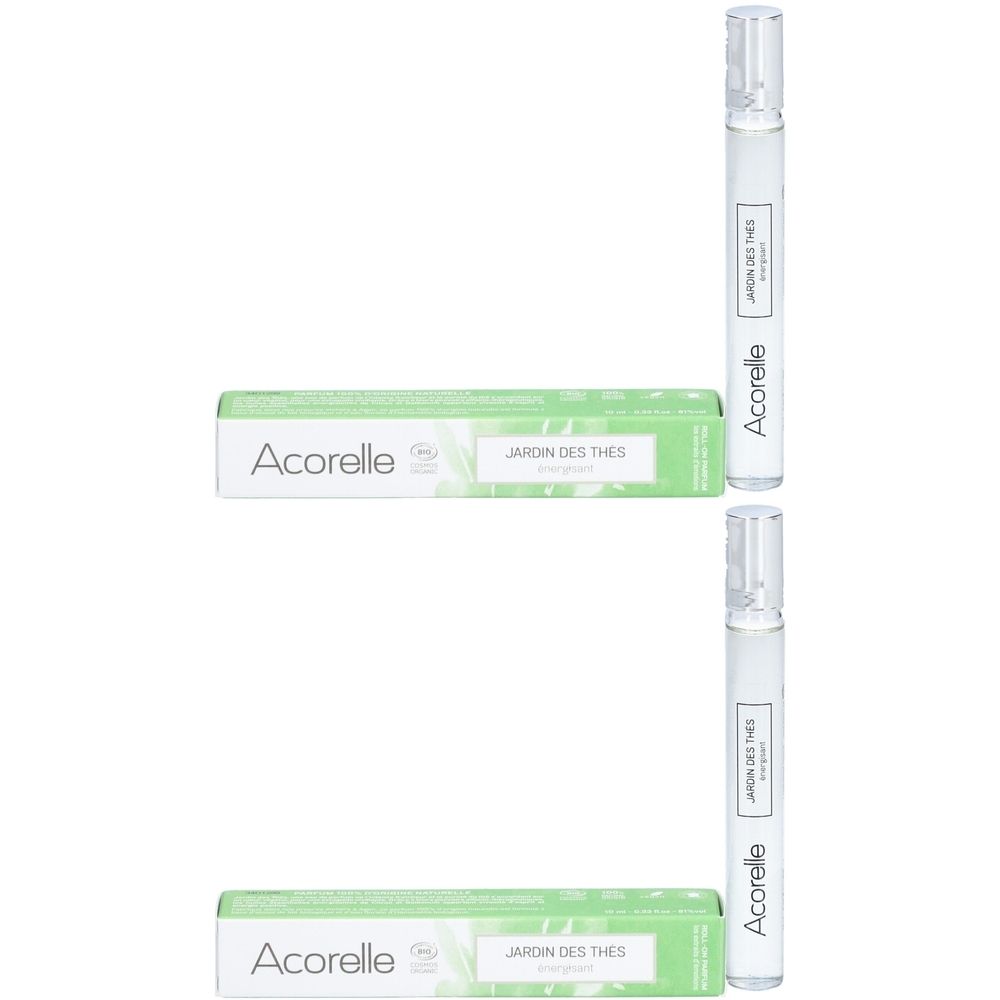 Zwei Roll-On-Parfums und Verpackungen. Aufschrift: Acorelle, Jardin des Thés. Grüne und weiße Verpackung. Transparente Flakons.