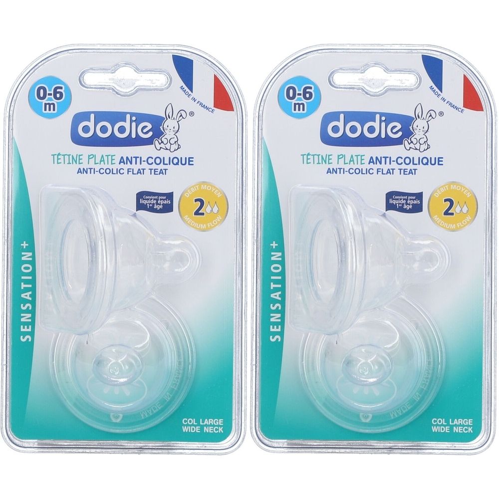 Zwei Flachsauger in Verpackung. Marke dodie, 0-6 Monate, Anti-Kolik. Mit breitem Hals. 2 Stück.