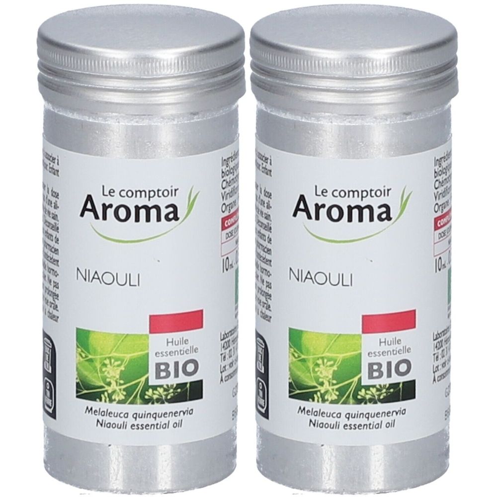 Zwei zylindrische Metallbehälter mit Schraubverschluss. Aufkleber mit Text: Le Comptoir Aroma, Niaouli, Huile essentielle BIO.