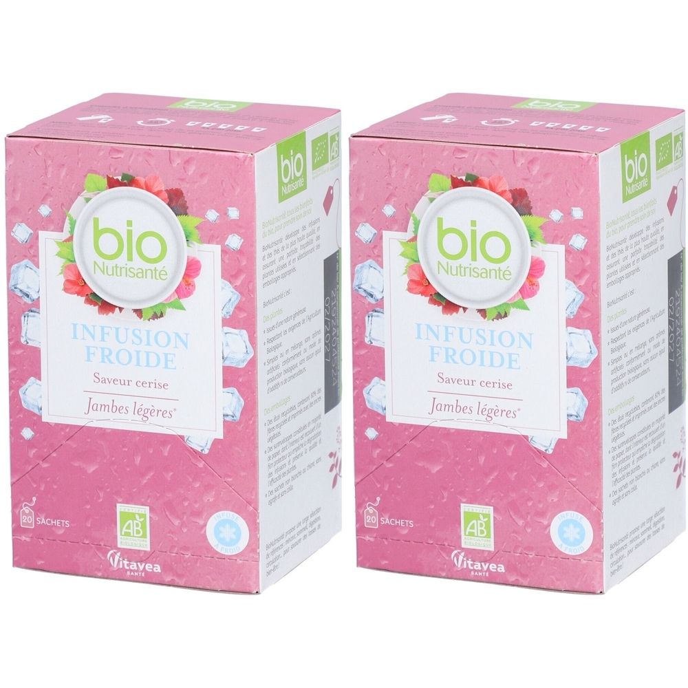 Zwei rosa Schachteln mit Aufschrift "INFUSION FROIDE" und "Jambes légères". Logo "bio Nutrisanté". Kirschgeschmack. AB-Zertifizierung.