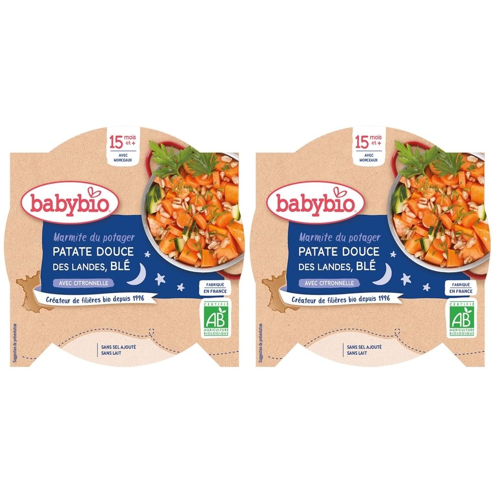 Deux emballages Babybio. Inscription: Marmite du potager PATATE DOUCE DES LANDES, BLÉ. Avec label AB bio. Dès 15 mois.