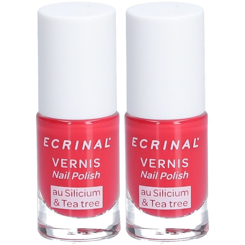 Deux flacons de vernis à ongles. Inscription: ECRINAL, Vernis Nail Polish, au Silicium & Tea tree. Couleur fuchsia.