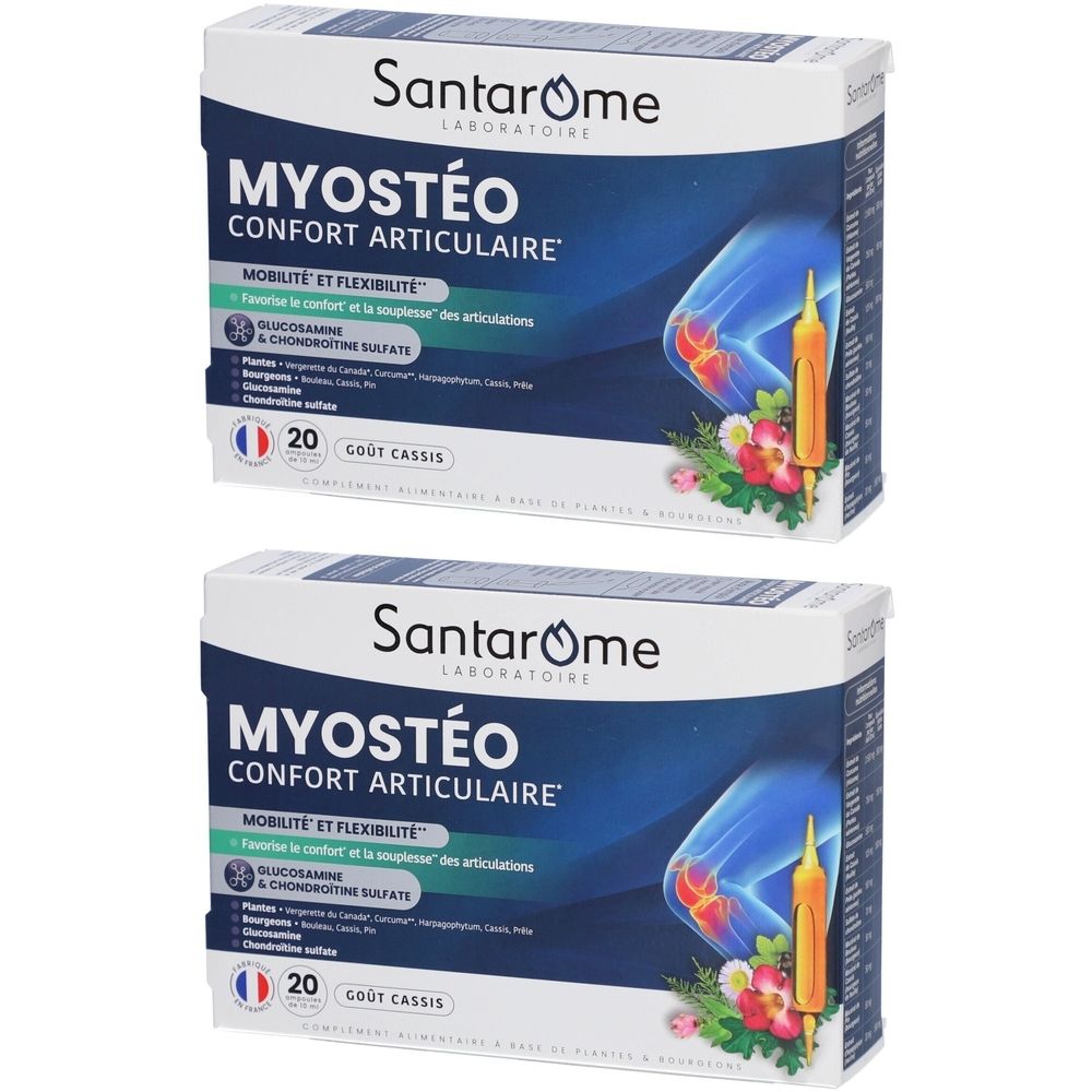 Zwei Schachteln Santarome Myostéo. Aufschrift: MYOSTÉO CONFORT ARTICULAIRE. Enthält 20 Beutel. Geschmack: Cassis. Abbildung eines Knies.