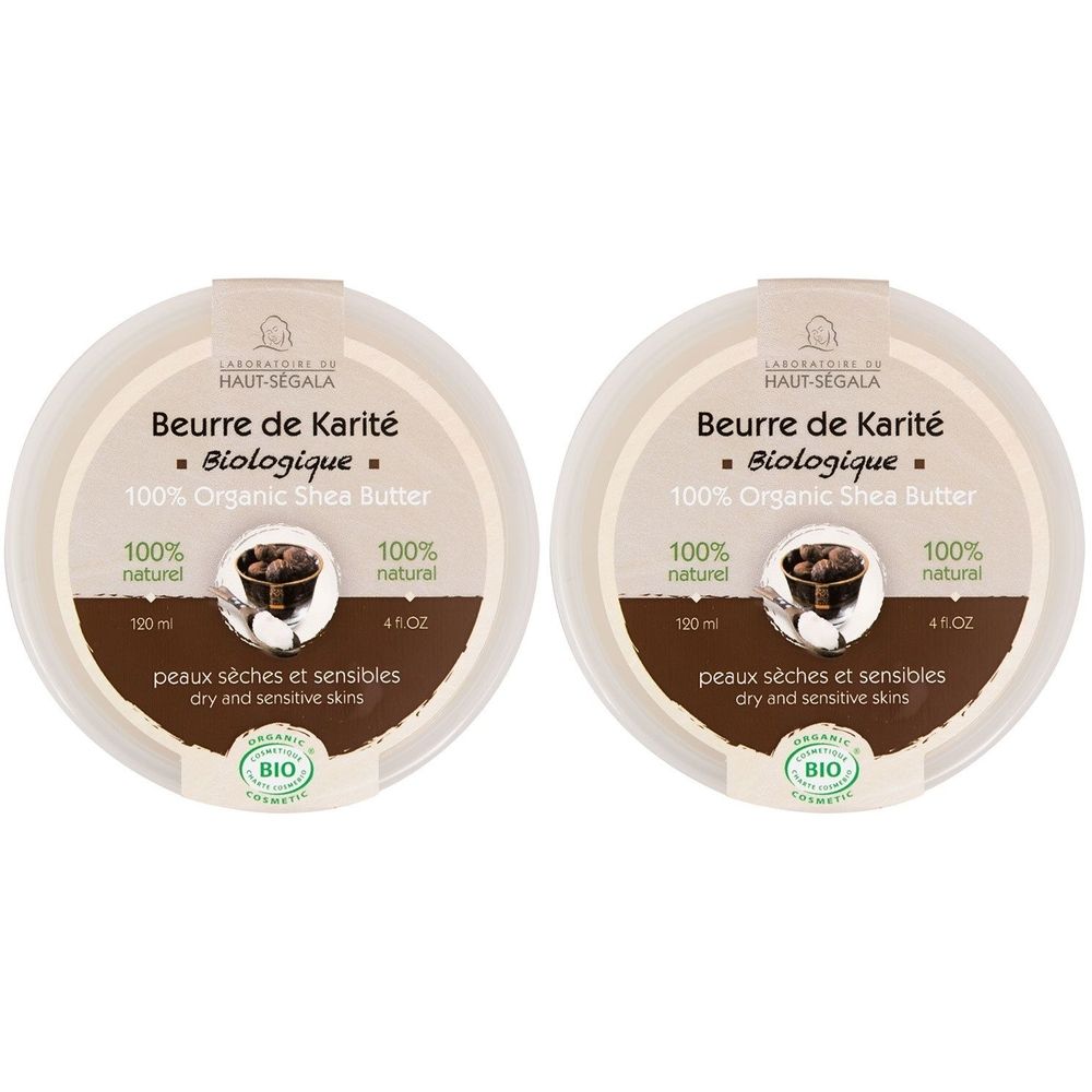 Zwei runde Behälter mit Aufschrift "Beurre de Karité Biologique". Bio-Zertifizierung. Für trockene und empfindliche Haut.