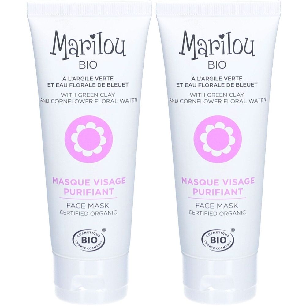 Deux tubes de masque visage. Blancs, avec motif floral rose et texte. Inscription: Marilou Bio, Masque Visage Purifiant, Certified Organic.