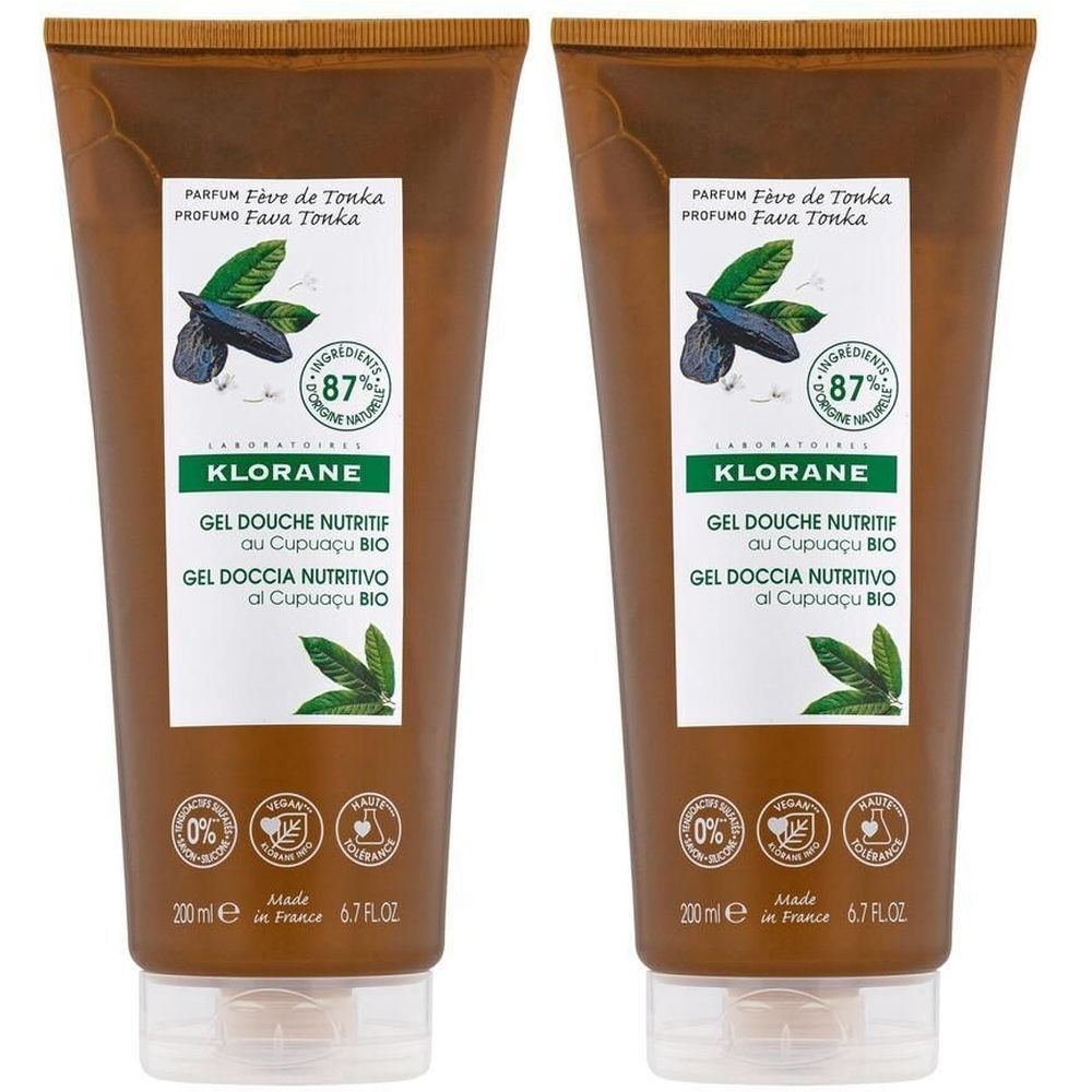 Deux tubes de gel douche marron. Inscription: KLORANE, GEL DOUCHE NUTRITIF au Cupuaçu BIO, 87% ingrédients d'origine naturelle.