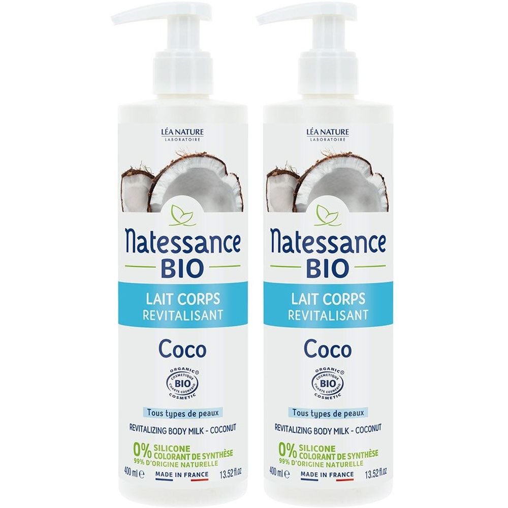 Zwei Flaschen Körperlotion mit Spender. Aufschrift: Natessance BIO, Lait Corps Revitalisant Coco. Bio-Zertifizierung. 0% Silikon.
