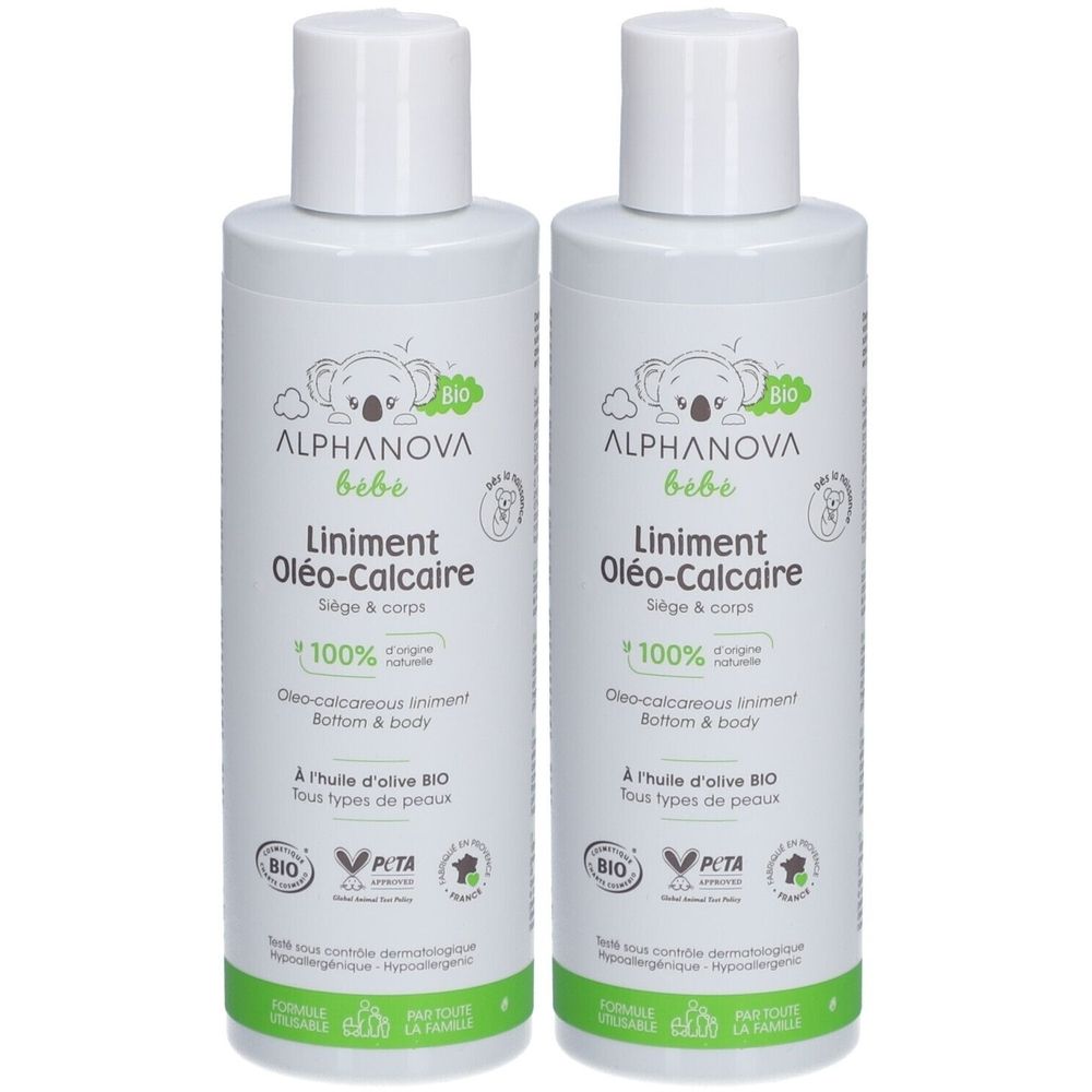 Zwei weiße Flaschen mit weißem Deckel. Aufschrift: ALPHANOVA bébé Liniment Oléo-Calcaire. Mit Bio-Siegel und Koala-Illustration. Text in Grün.