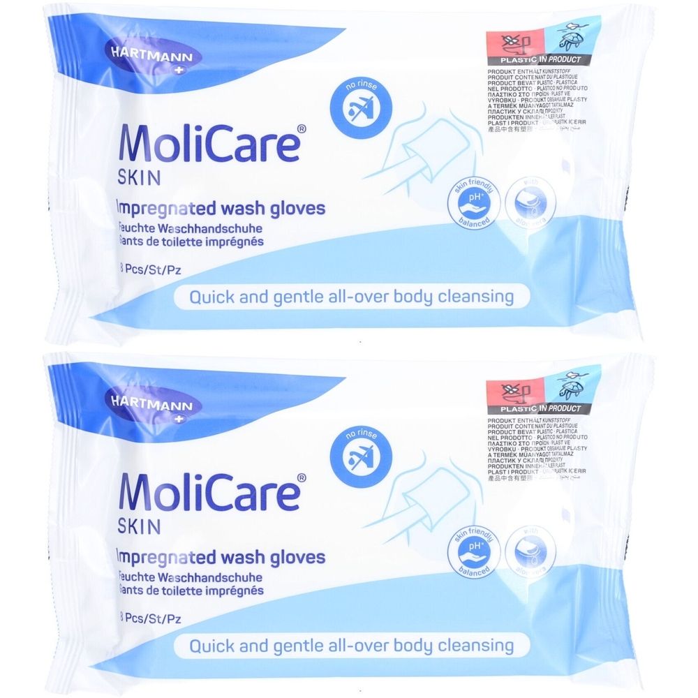 Zwei Packungen MoliCare Skin imprägnierte Waschhandschuhe. Verpackung mit blauer und weißer Farbgebung. Aufschrift: Quick and gentle all-over body cleansing.