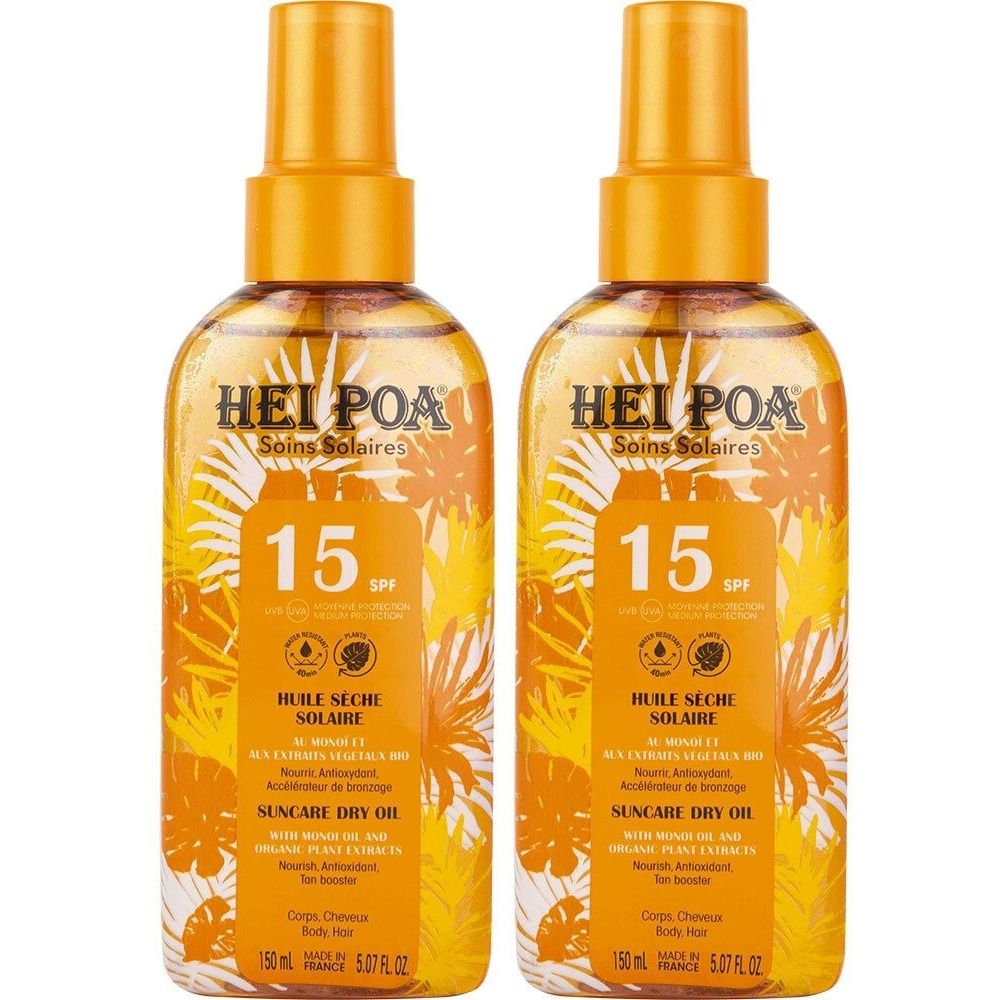 Deux flacons de spray solaire. Inscription: HEI POA, Soins Solaires, SPF 15. Texte: Huile Sèche Solaire, Suncare Dry Oil.