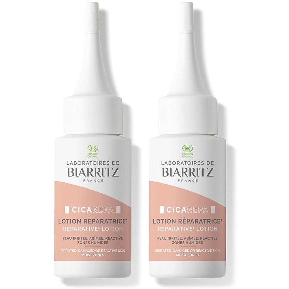 Zwei weiße Flaschen mit Applikator. Aufschrift: Laboratoires de Biarritz, CicaRepa, Lotion Réparatrice.