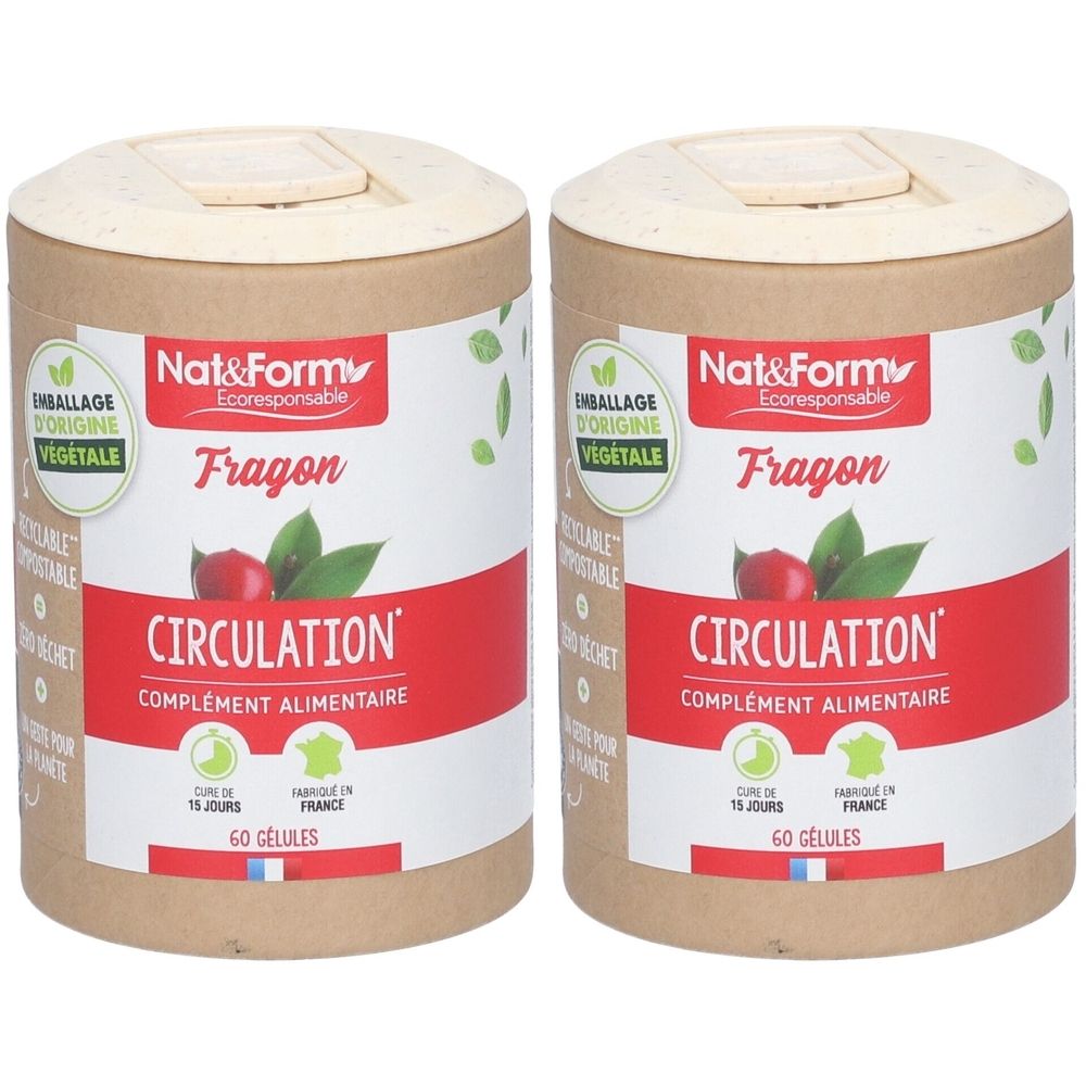 Zwei zylindrische Behälter mit Deckel. Aufschrift: Nat&Form, Fragon, Circulation, complément alimentaire. 60 Gélules. Verpackung aus pflanzlicher Herkunft.