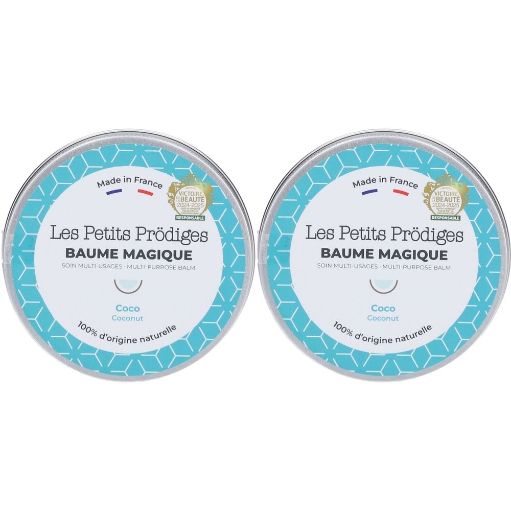 Deux boîtes rondes. Inscription: Les Petits Prödiges, Baume Magique, Coco. Avec label et indication d'origine: Made in France.
