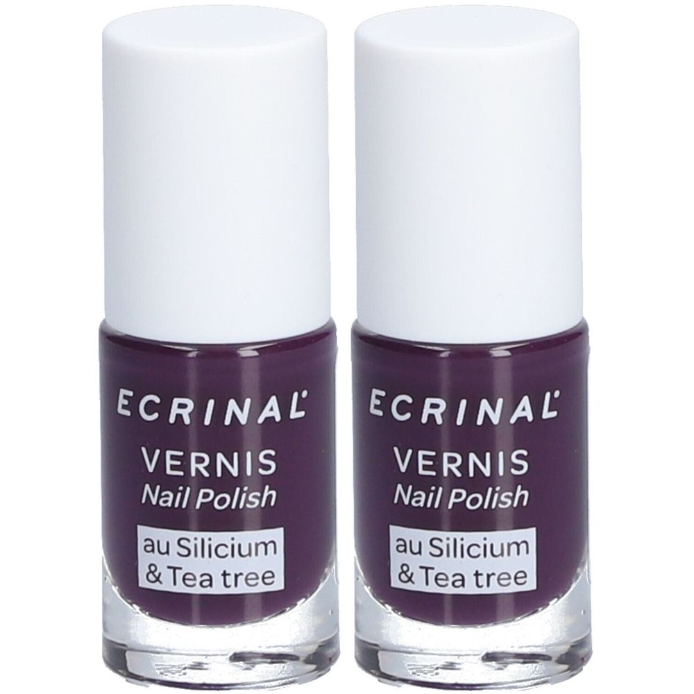 Deux flacons de vernis à ongles violets avec bouchons blancs. Inscription: ECRINAL, VERNIS, Nail Polish, au Silicium & Tea tree.