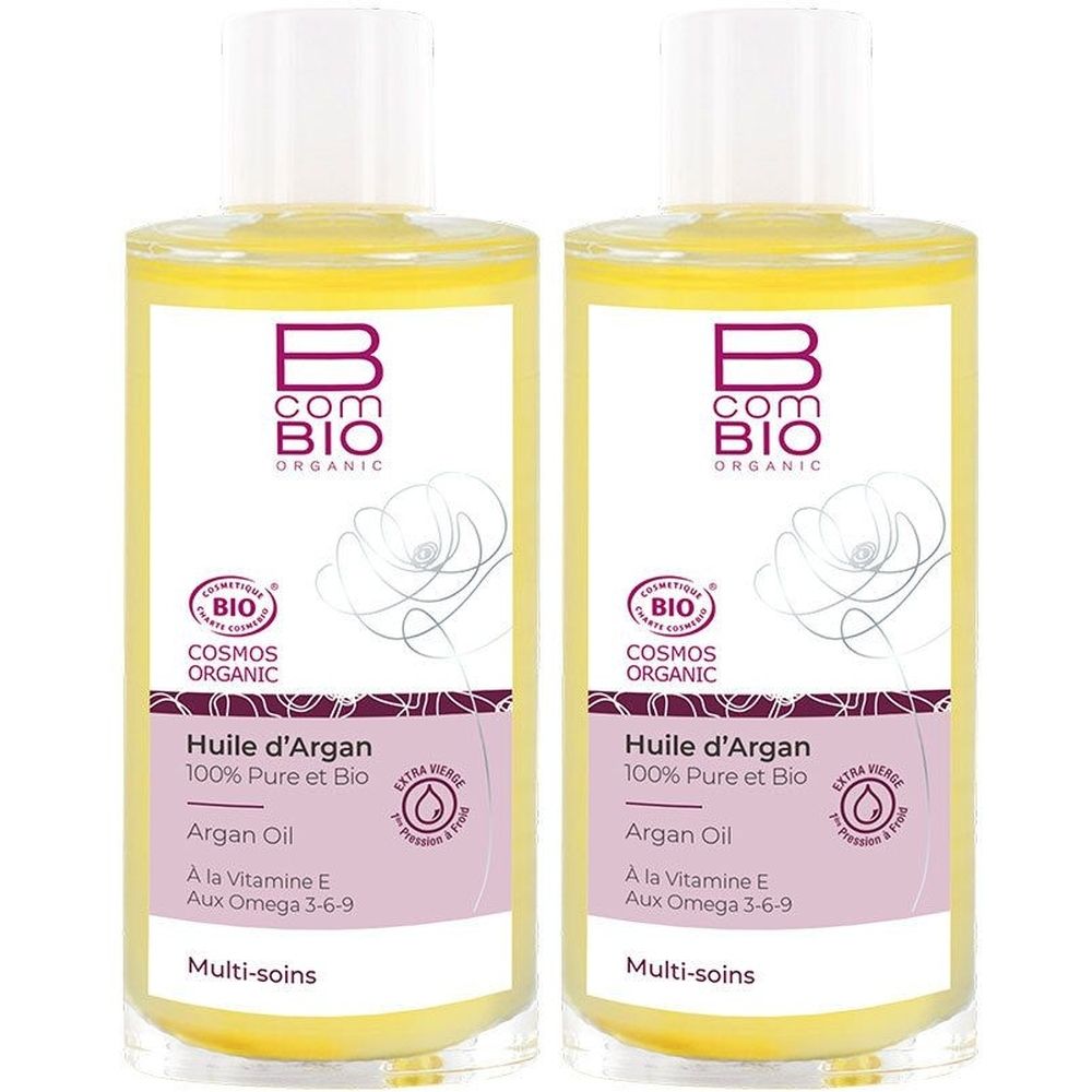 Deux flacons d'huile d'Argan. Inscriptions: B COM BIO ORGANIC, COSMOS ORGANIC, Huile d'Argan 100% Pure et Bio, Argan Oil, Multi-soins.
