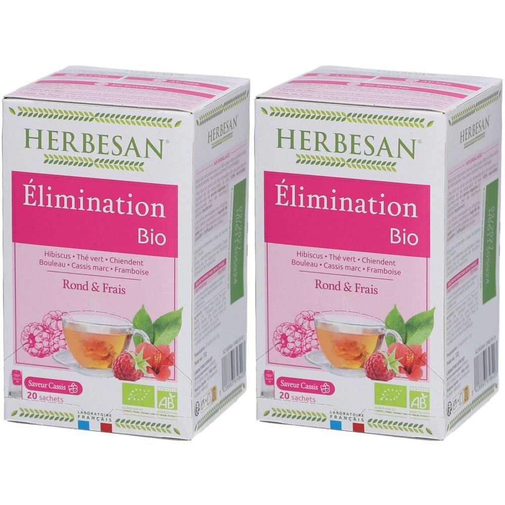 Zwei Kartons mit der Aufschrift HERBESAN Élimination Bio. Auf der Verpackung sind Himbeeren und eine Tasse Tee abgebildet. 20 Beutel.