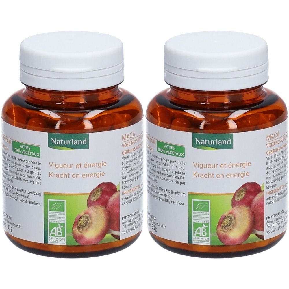 Deux flacons bruns avec des bouchons blancs. Étiquettes avec "Naturland Vigueur et énergie". Illustration de tubercules de maca.