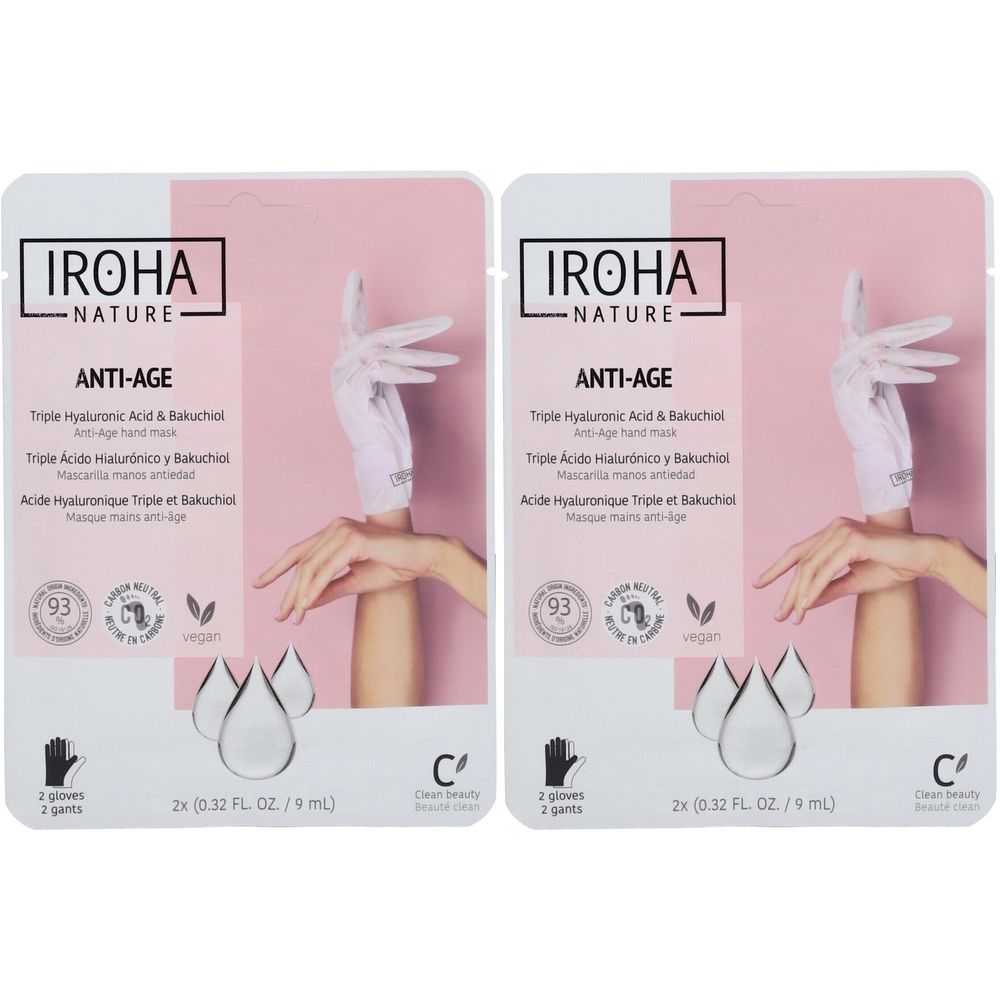 Deux paquets de masque pour les mains. Inscription : IROHA NATURE, Anti-Age, Triple Hyaluronic Acid & Bakuchiol. Image d'une main gantée.