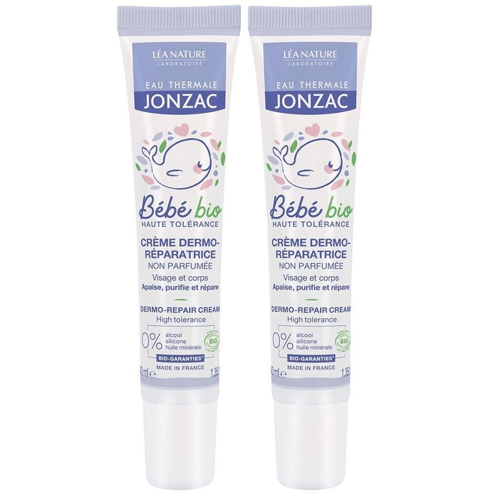 Zwei Tuben Jonzac Bébé Bio Creme. Weiße Tuben mit blauem Deckel und Aufdruck. Enthält Text wie "Crème Dermo-Réparatrice".