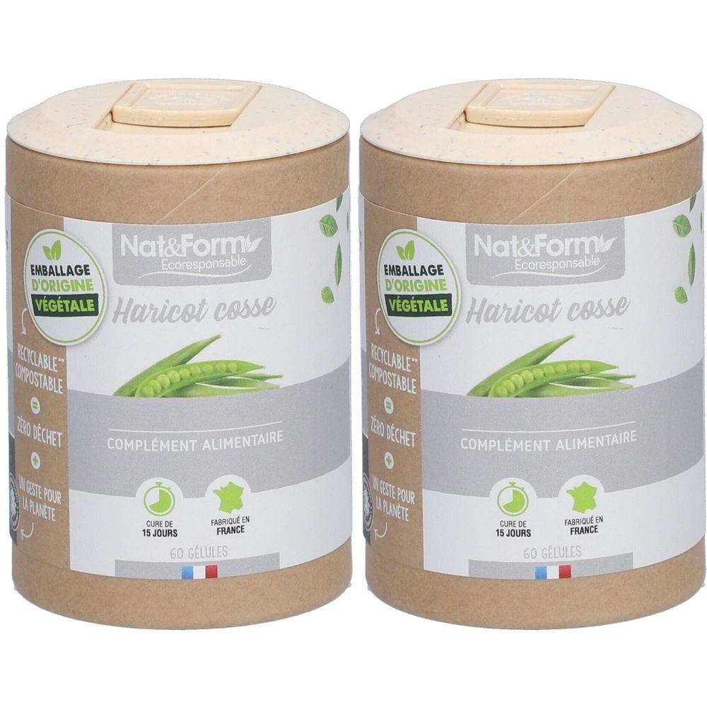 Deux boîtes cylindriques. Inscription: Nat&Form, Haricot cosse, complément alimentaire. Emballage d'origine végétale, recyclable, compostable.
