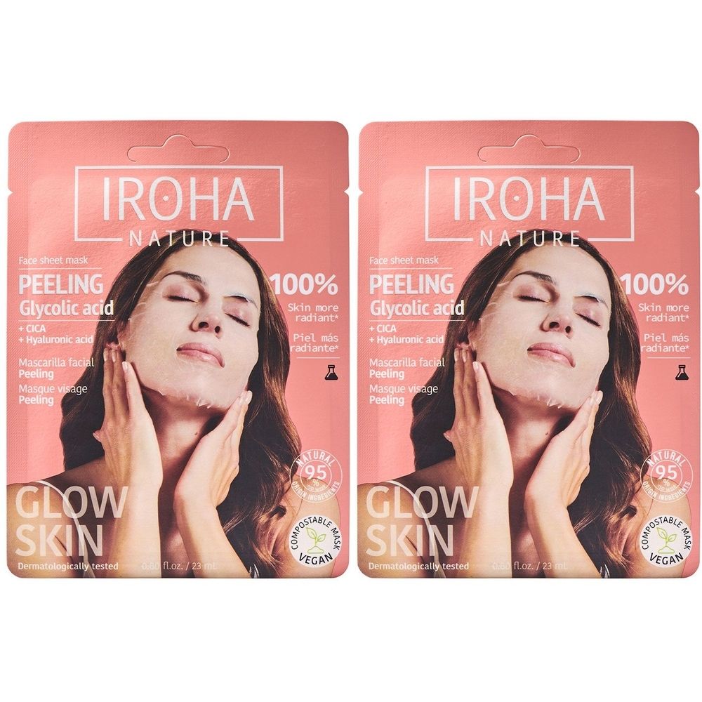 Deux masques faciaux. Emballage rose avec informations produit et femme portant un masque. Texte: IROHA NATURE, Peeling à l'acide glycolique.