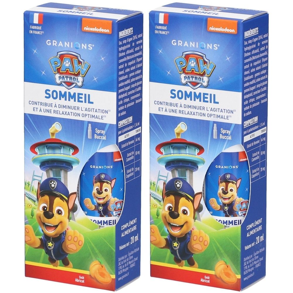 Deux boîtes GRANIONS PAW PATROL SOMMEIL. Emballage bleu avec Chase. Contient 20 ml. Spray buccal.
