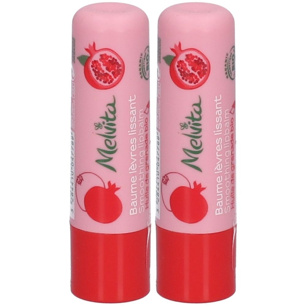 Deux sticks de baume à lèvres roses. Inscription : Melvita, Baume lèvres lissant, Huile de grenade bio. Illustration d'une grenade.