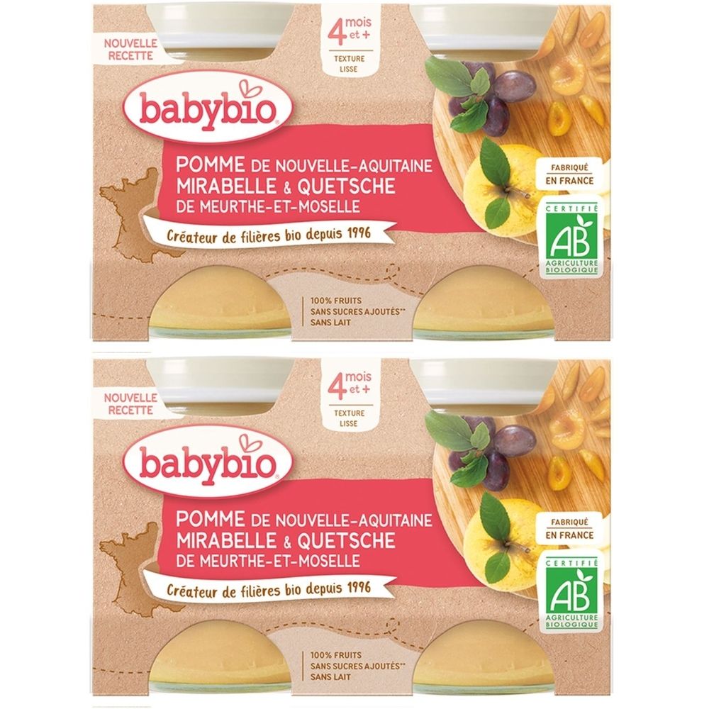 Emballage de deux gourdes Babybio. Inscription: Pomme Nouvelle-Aquitaine, Mirabelle & Quetsche de Meurthe-et-Moselle. Label bio.
