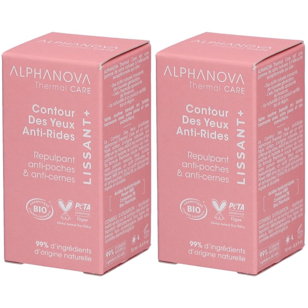 Deux boîtes roses ALPHANOVA Thermal Care. Inscription: Contour Des Yeux Anti-Rides, Repulpant anti-poches & anti-cernes. Logos BIO et PETA.