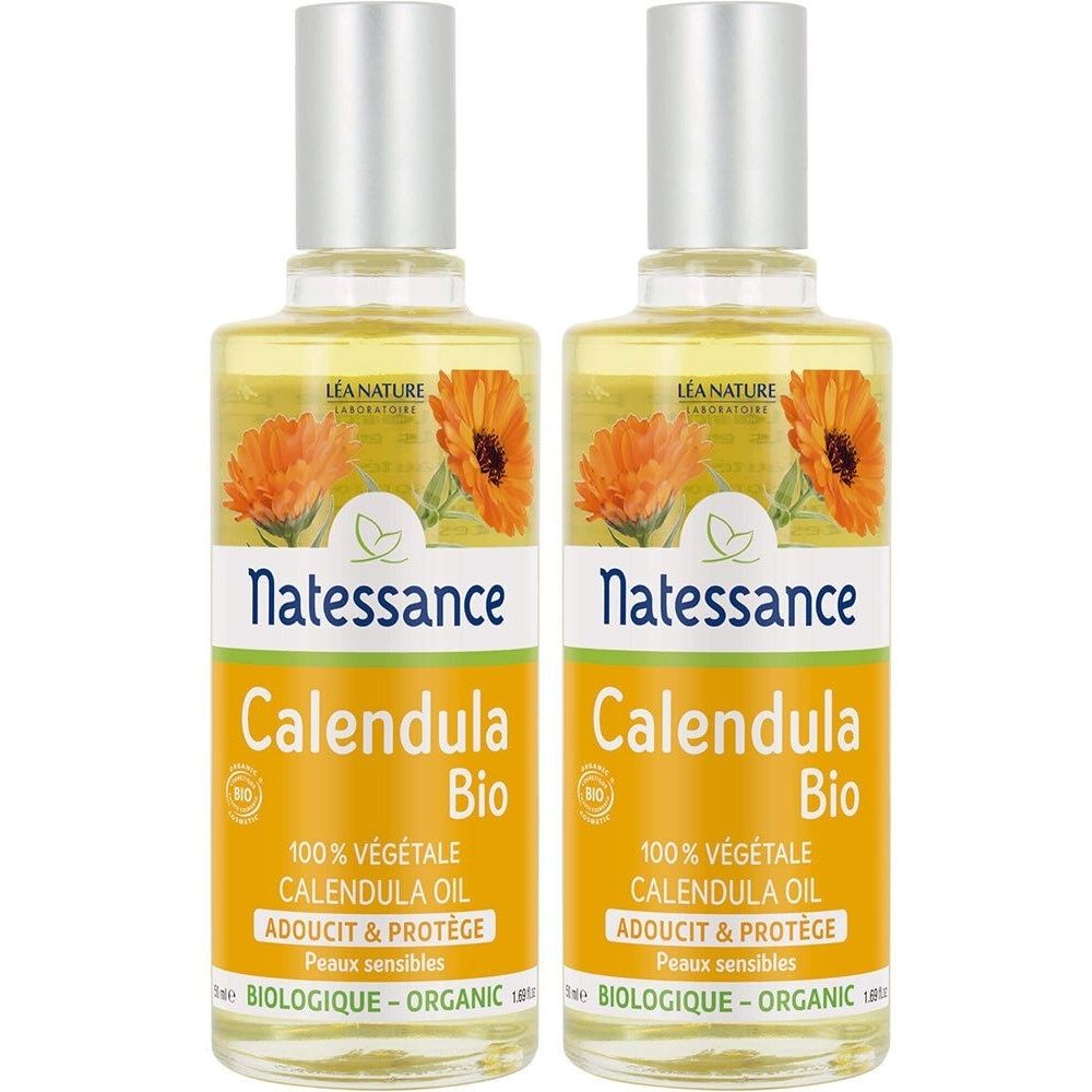 Deux flacons d'huile de calendula bio Natessance pour peaux sensibles. Avec fleurs d'oranger et label bio.