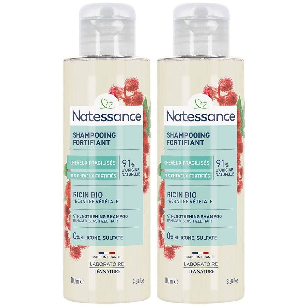 Deux flacons de shampooing Natessance Fortifiant. Inscription: Ricin Bio, Kératine Végétale. 0% silicone, sulfate. 91% d'origine naturelle.